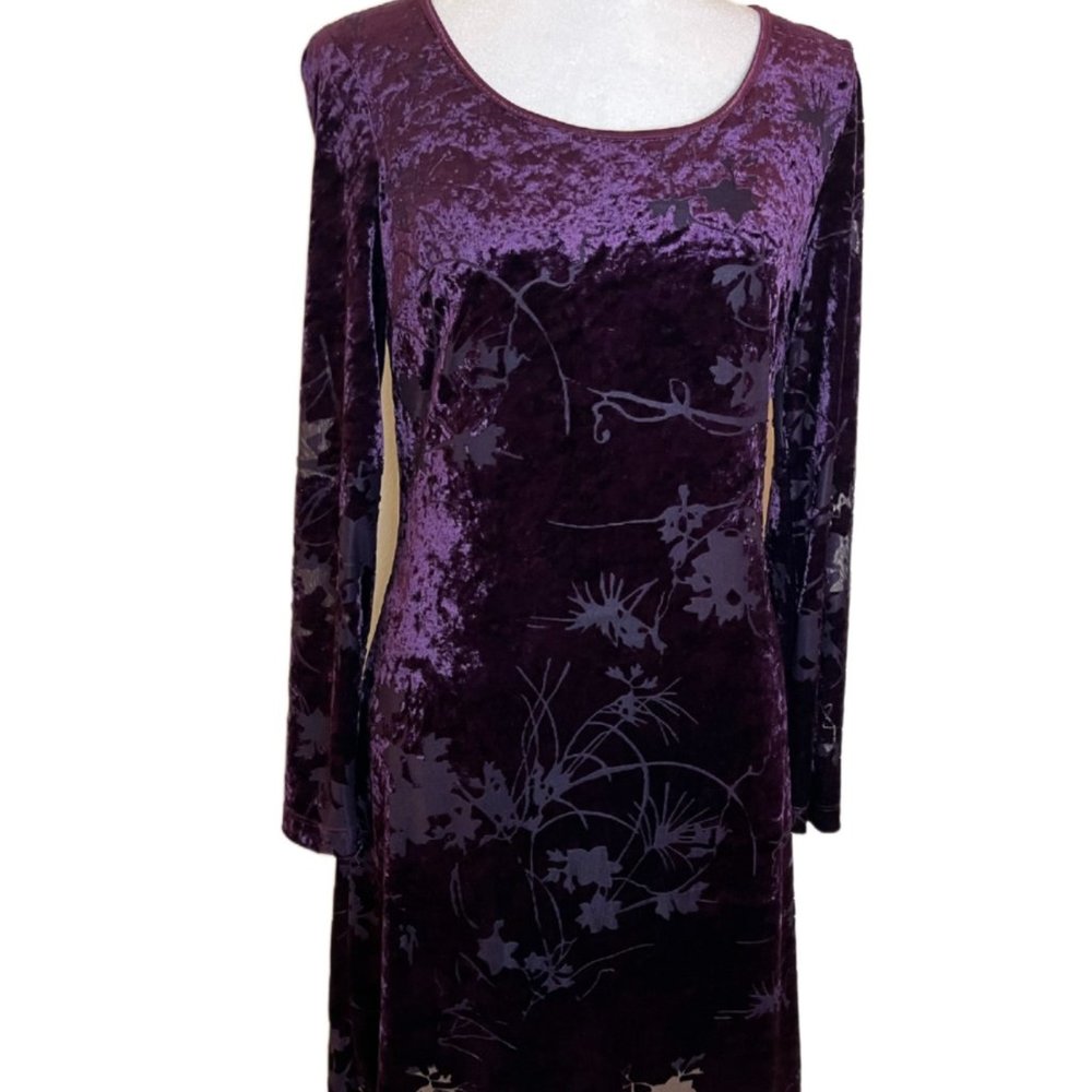 CDC Purple/Plum Velvet/Flocked Damask Floral Long Sleeve Dress  Size 4 - Picture 5 of 15